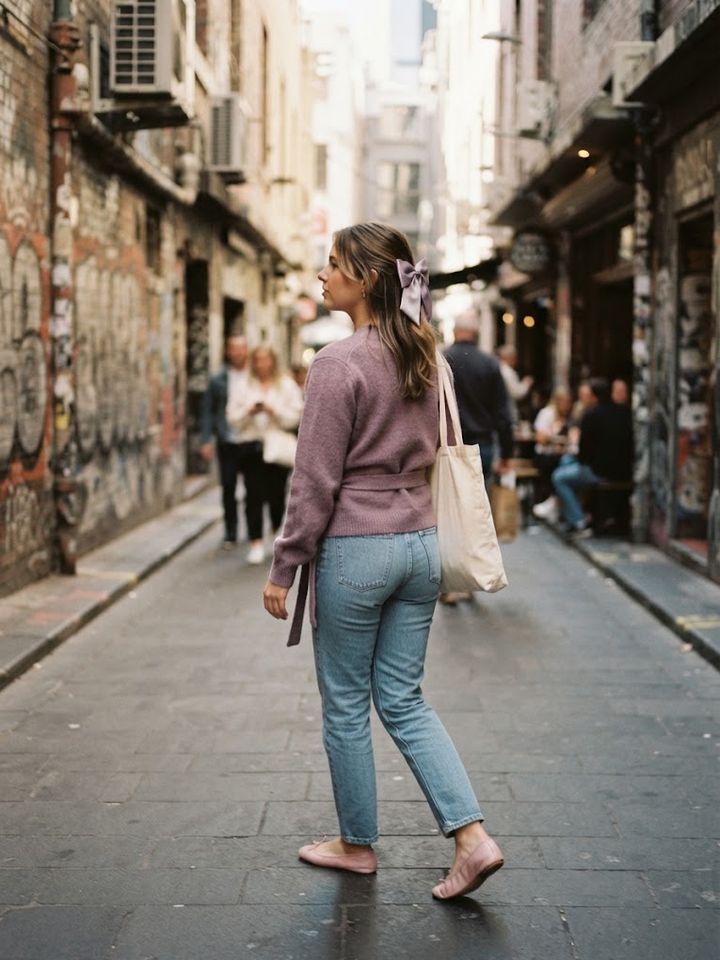 Dancer in a wrap cardigan and ballet flats walking down a laneway
