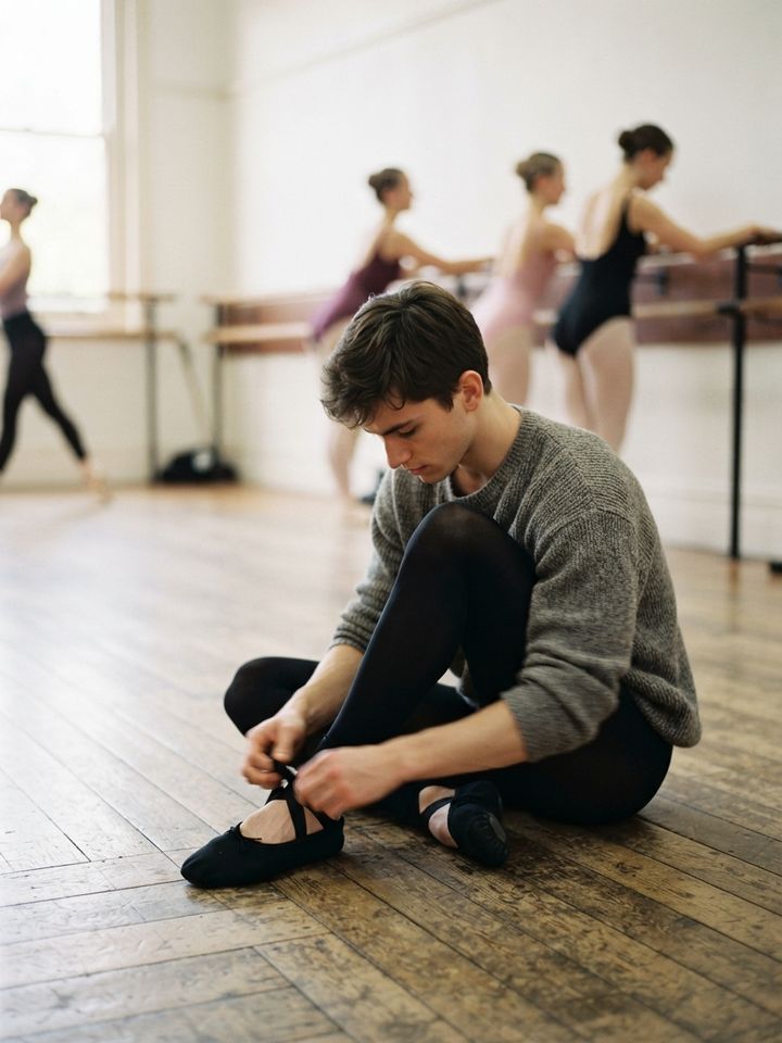 Dancer lacing his ballet slippers before class