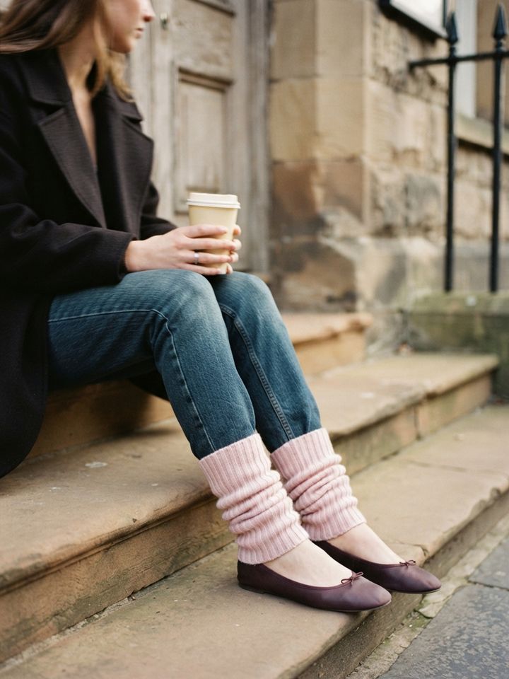 Dancer pulling on leg warmers at the barre before class